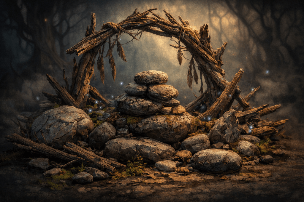 Glowing crystal on stacked stones surrounded by wooden arch and forest.
