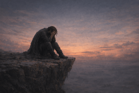 A man in dark clothing sits on a rocky cliff with chains, shadowy figures reach upward below, with a large dark figure and ruined gothic city in the background under a fiery sky.