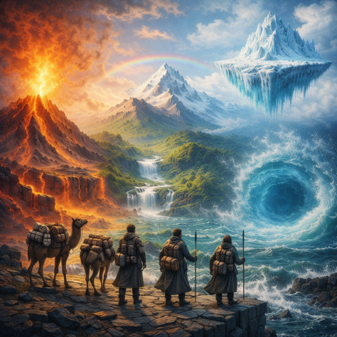 Four adventurers stand on rocky ground overlooking a volcanic eruption, a rainbow across mountains, a castle, a flying eagle, a stormy ocean with a sailing ship, and a floating icy island.