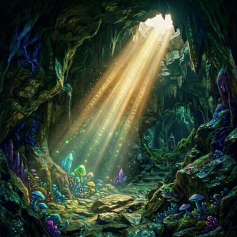 Man standing inside a cave illuminated by sunlight from an opening above
